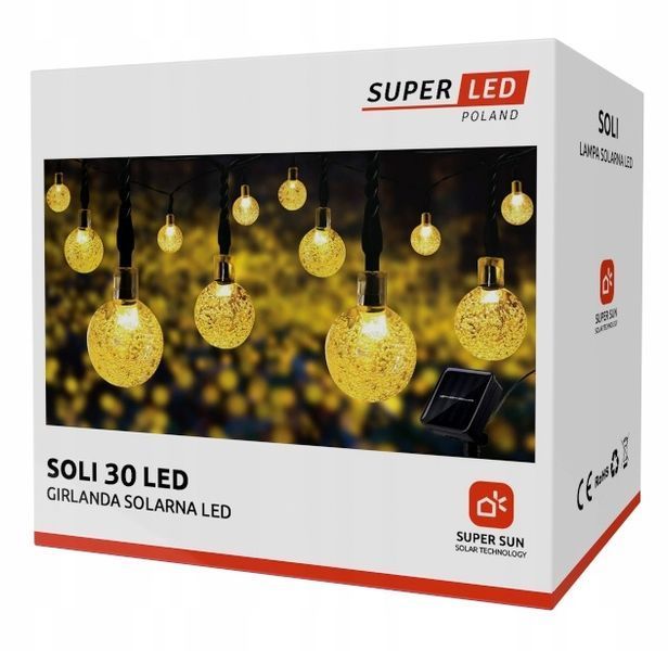 Сонячна гірлянда 30 LED-кульок, SuperLED Soli &mdash; довжина 5,5 м, тепле біле світло, IP65, датчик сутінків, для саду, тераси 5283 фото