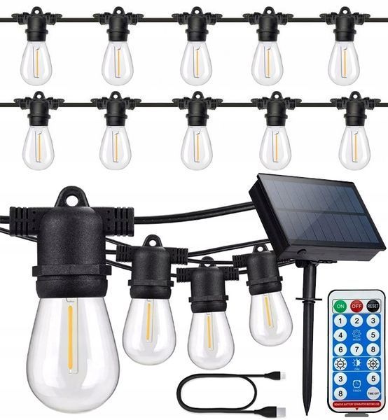 Сонячна гірлянда SuperLED Soli &mdash; 20 м, 20 змінних LED-лампочок E27, IP44, тепле біле світло, з пультом і зарядкою USB 5169 фото