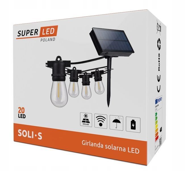 Сонячна гірлянда SuperLED Soli &mdash; 20 м, 20 змінних LED-лампочок E27, IP44, тепле біле світло, з пультом і зарядкою USB 5169 фото